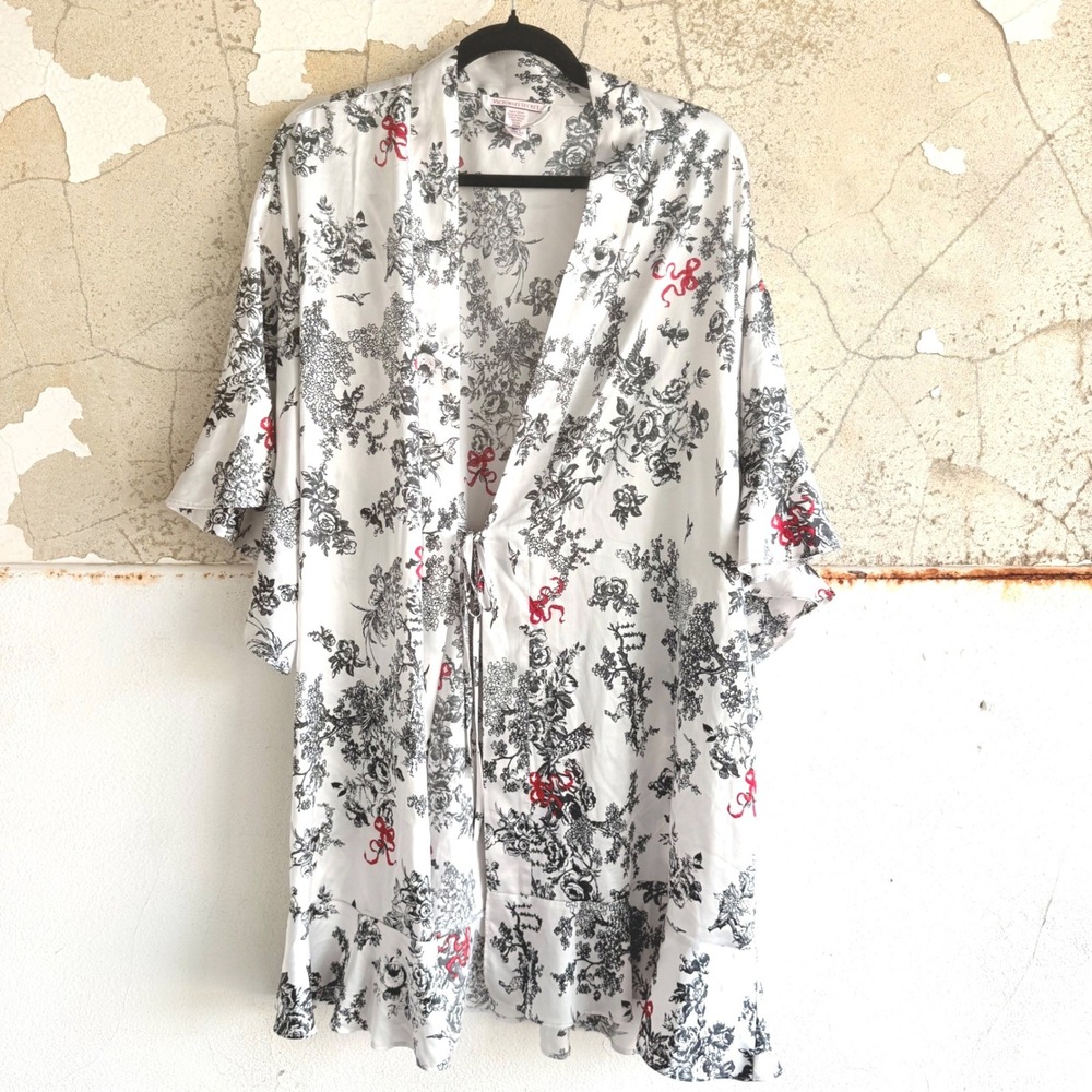 Victorias Secret Kimono Robe Floral Toile Satin Ruffle Sleepwear Lounge Wrap M L